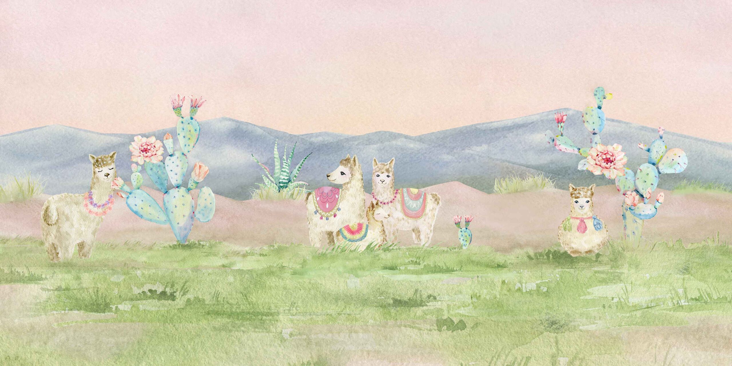 boho style, llamas with flowering cactus, mountains, South American, Andes Mountains, watercolor, children's art, art for kids, kid's art, pastel