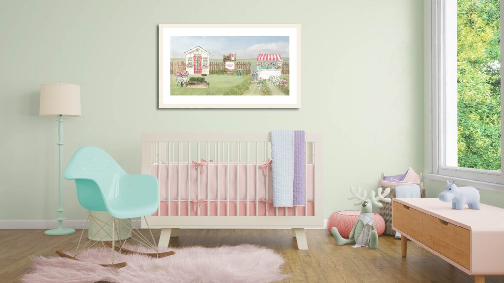 Sherwin Williams Bonsai Tint wall, nursery, girls room, green, aqua, purple, pink, cottagecore, garden theme, baby girl nursery decor ideas, art over crib, watercolor