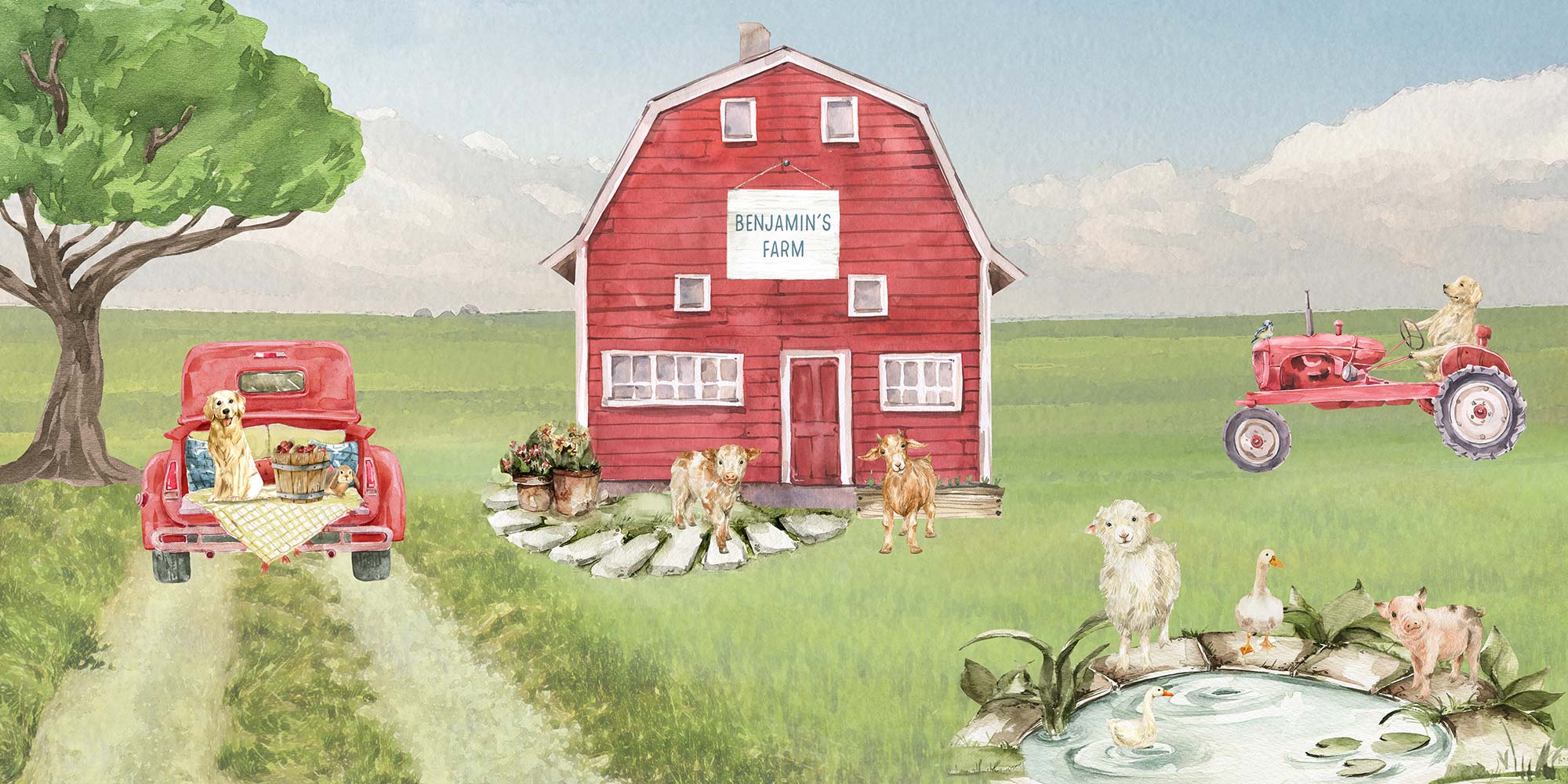 red farm art, boy nursery, farm animal art, watercolor, personalized nursery art