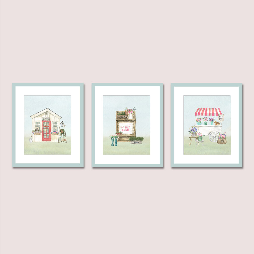 set of 3, nursery prints, personalized art, for girls room, garden theme, cottagecore, flower market