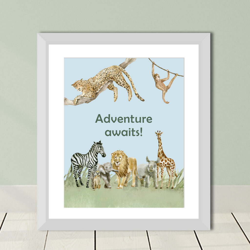 Art print for kids that says Adventure Awaits with a cheetah, monkey, zebra, meerkat, baby elephant, lion, rhino and giraffe
