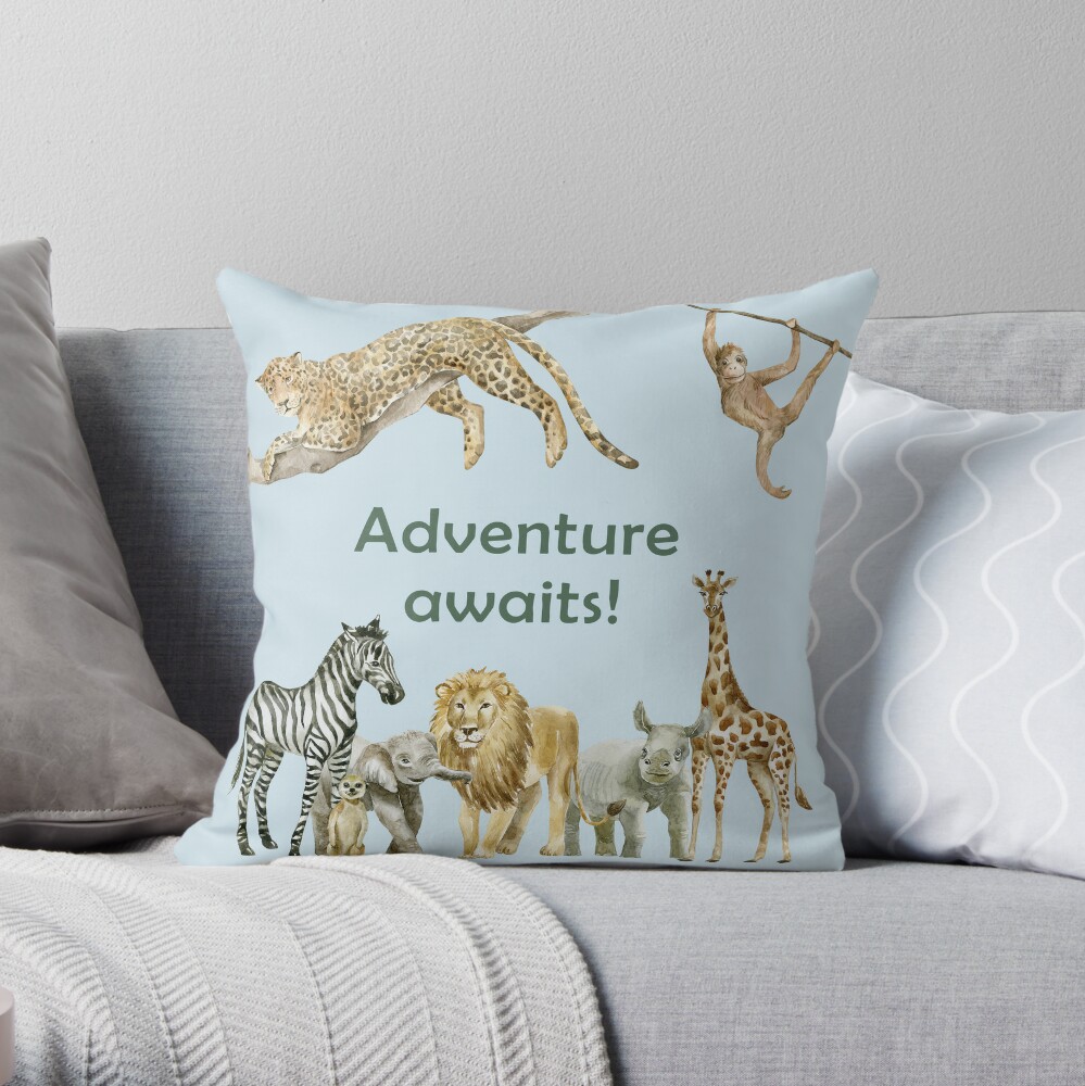 throw pillow with a cheetah, monkey, zebra, meerkat, elephant, lion, rhino, and giraffe and says "Adventure Awaits!"