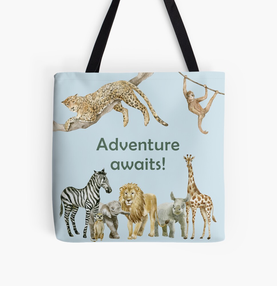 light blue tote bag with a cheetah, monkey, zebra, meerkat, elephant, lion, rhino, and giraffe and says "Adventure Awaits!"